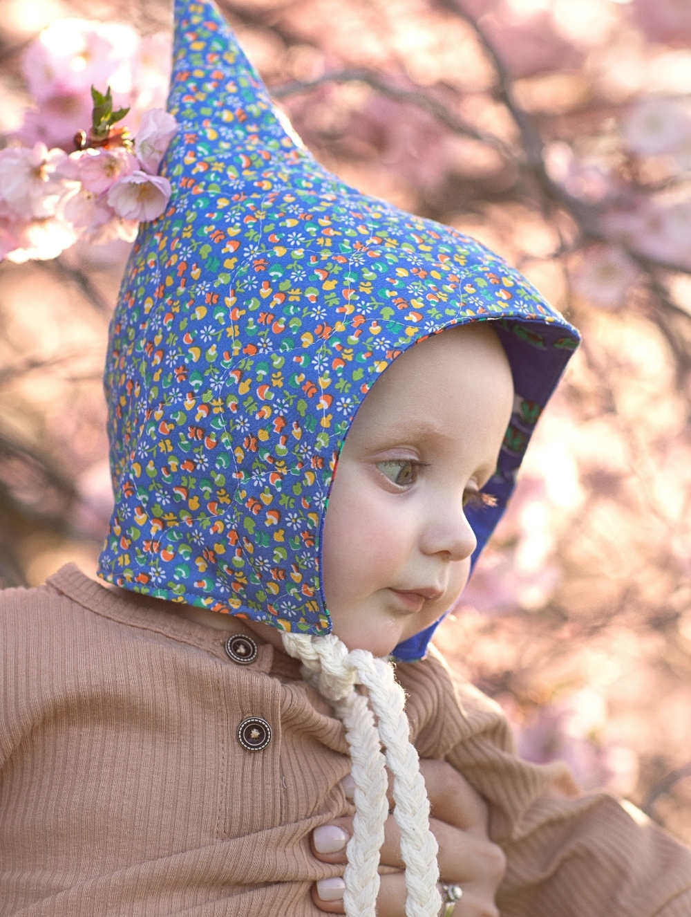 Quilted Upcycled Blue Mushroom Pixie Hat Bonnet Fully lined 6-12 months - Picture 3 of 12